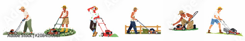 A collection of illustrations showing men in straw hats mowing lawns with push mowers in various poses and garden settings on white background.