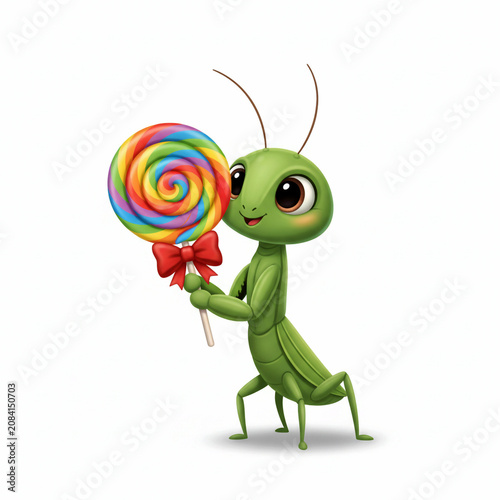 Cute Green Praying Mantis Character Holding a Colorful Swirl Lollipop