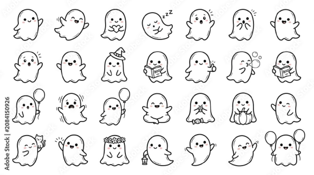 Fototapeta premium Baby ghost icon set, 25 adorable little ghost poses, clean outline vector, white background.