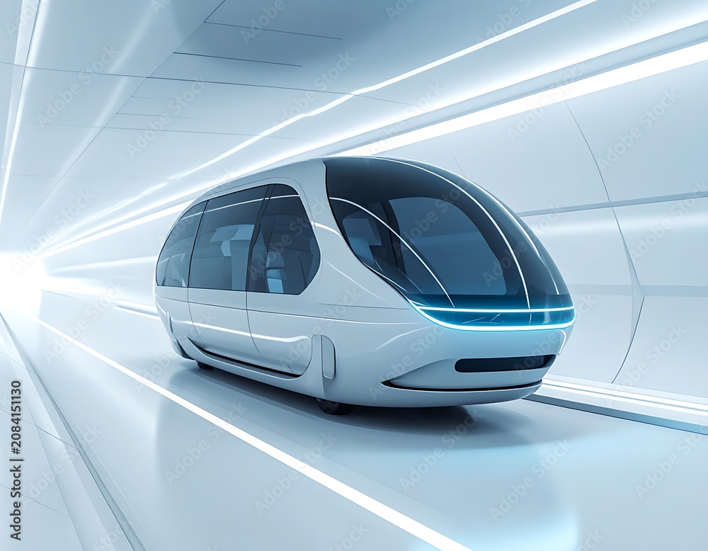 Fototapeta premium Sleek, futuristic pod vehicle in a brightly lit tunnel