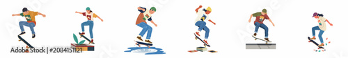 Konstfotografi Set of diverse skateboarders performing tricks over various obstacles in a flat minimalist illustration style on a white background