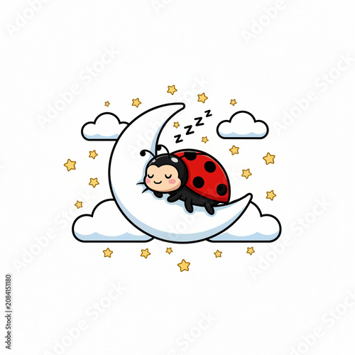 Adorable Ladybug Sleeping on a Crescent Moon in the Clouds