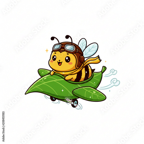 Cute little yellow bee character wearing vintage brown aviator goggles and a long scarf while flying a vibrant green leaf airplane through the bright air during a fun sunny day of outdoor adventure.
