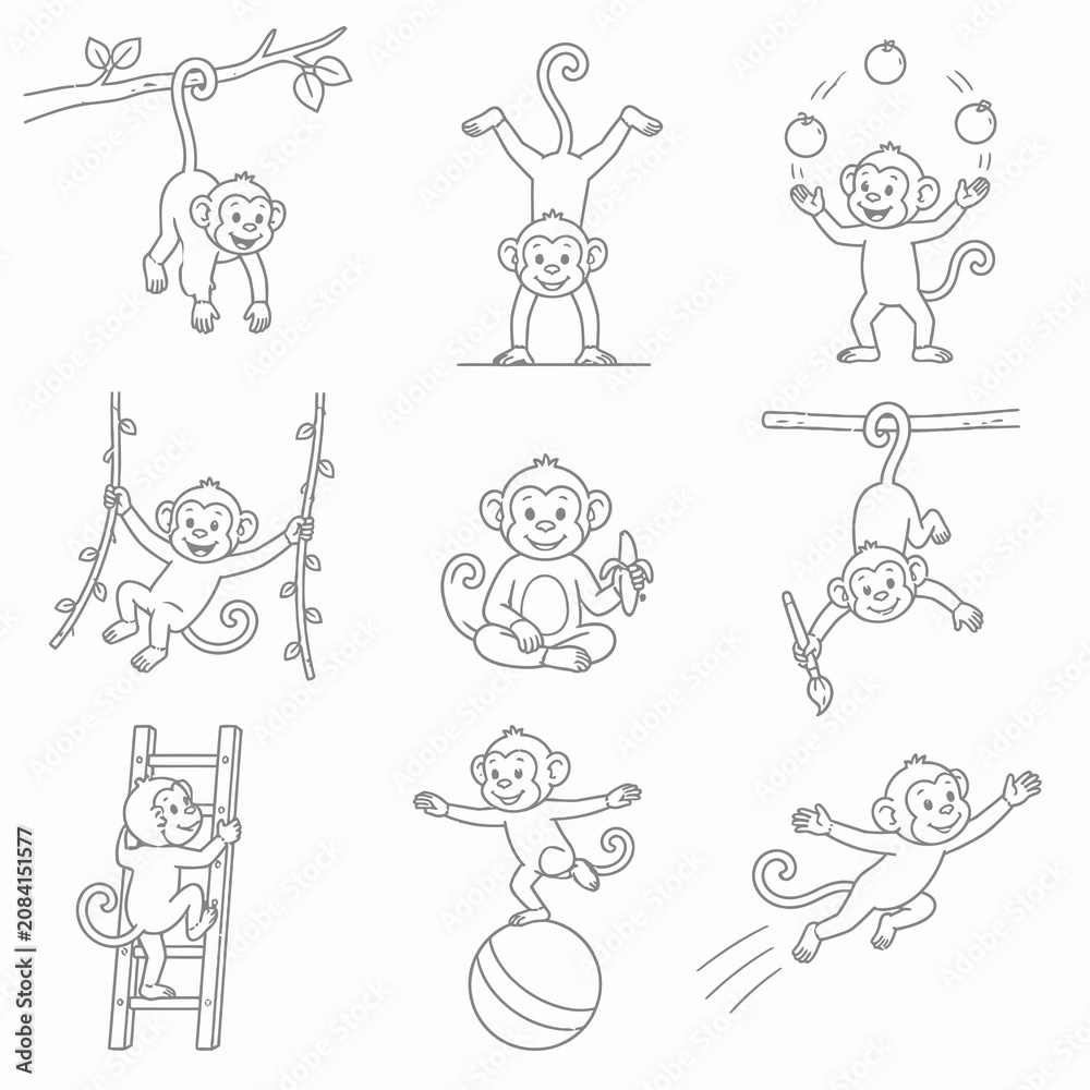 Obraz premium Vector set of nine black and white monkey line art illustrations showing various activities including juggling, climbing a ladder, swinging on vines, and balancing on a ball for coloring.