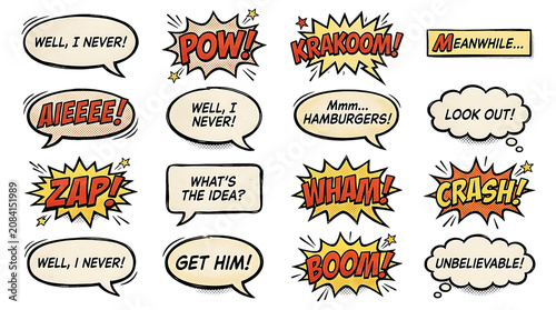 Photos Collection of comic book style speech bubbles and action words on transparent ba