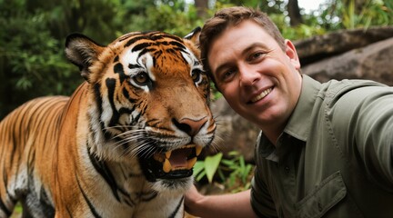 Man takes selfie with tiger in rich green jungle. Wildlife conservationist has close encounter with big cat predator. Man smiles near wild animal. Respectful awe.