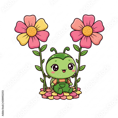 Happy Cartoon Insect Sitting Between Two Large Pink Flowers