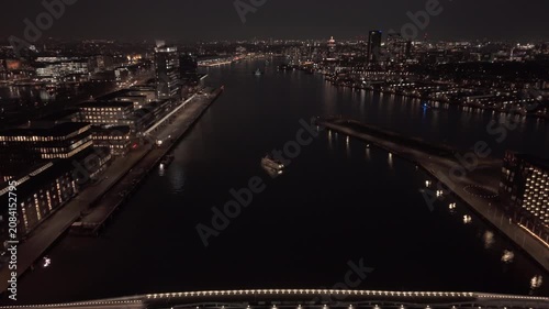 Night city river and bridge view