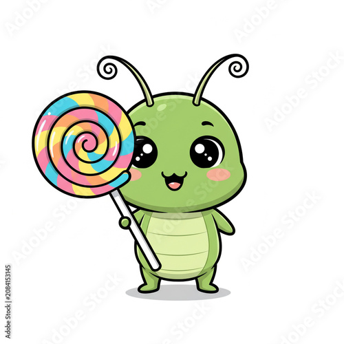 Cute Green Cartoon Insect Holding a Large Colorful Swirl Lollipop