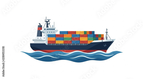 Large cargo ship carrying colorful containers sailing on the ocean waves.