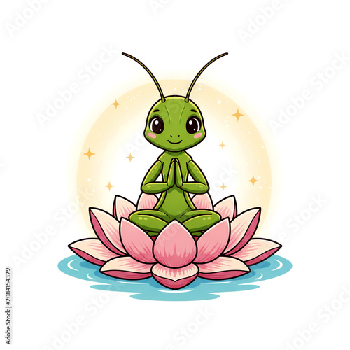Cute Cartoon Praying Mantis Meditating on a Lotus Flower