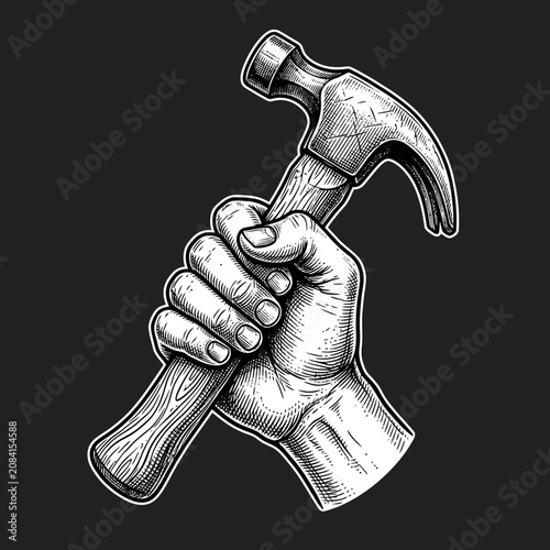 Obraz na plátně Vintage engraving of a strong hand gripping a claw hammer