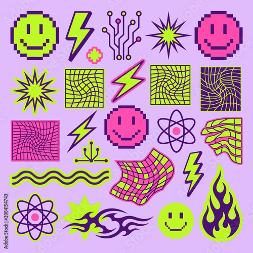 A collection of vibrant retro digital stickers on purple background