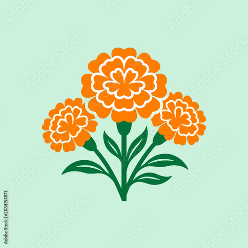 A simple illustration of three bright orange marigold flowers