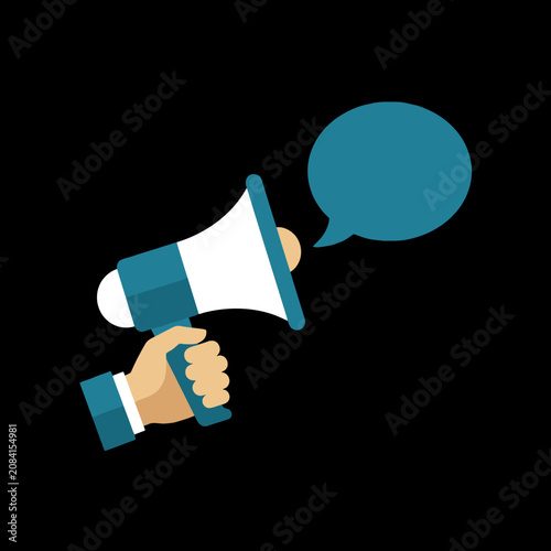 Hand holding a blue megaphone with an empty speech bubble