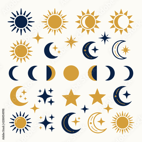 A collection of celestial sun, moon and star icons set