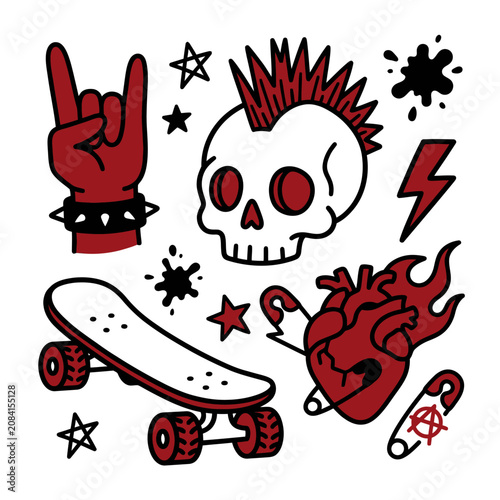 Set of punk stickers featuring a skull and skateboard