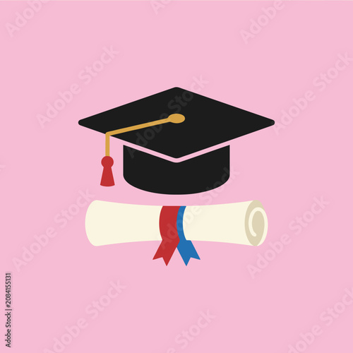 A black graduation cap and rolled diploma on pink background