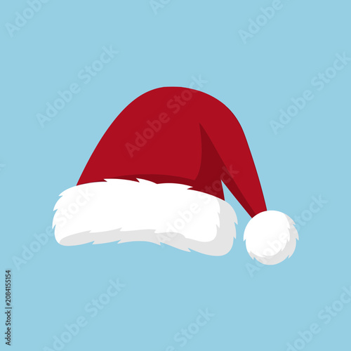 A festive red Santa Claus hat on a light blue background