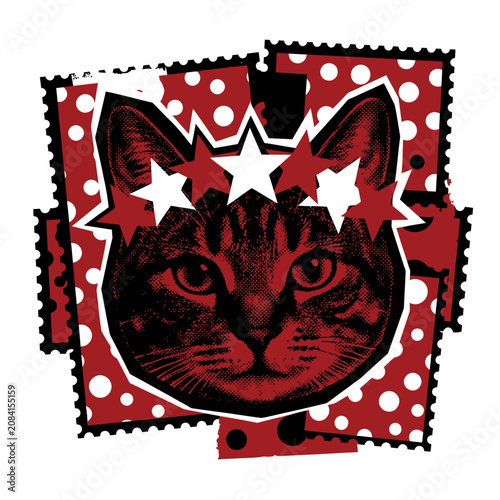Stylized cat portrait with stars on a red polka dot background