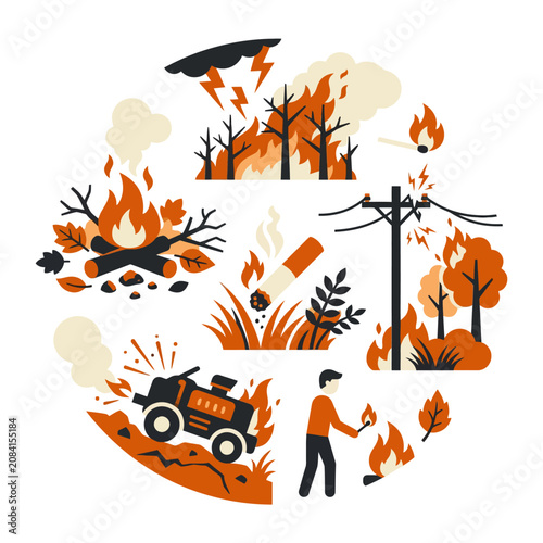 Tableau sur toile Vector illustration showing different causes of forest fires