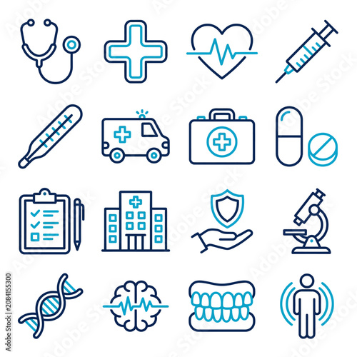 Set of blue medical and healthcare line icons on white background