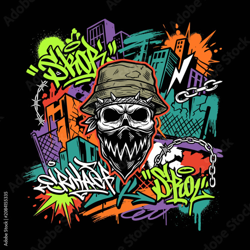 Vibrant urban skull illustration with graffiti and city elements