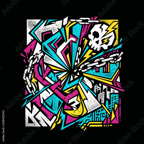Dynamic abstract illustration featuring urban elements and bright colors