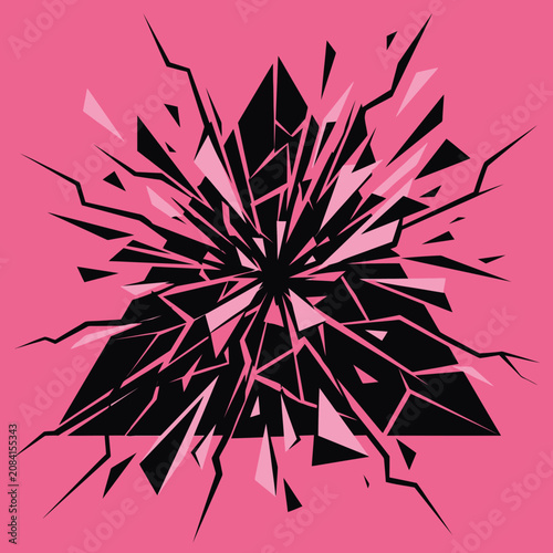 A black triangle explodes into sharp shards on a pink background