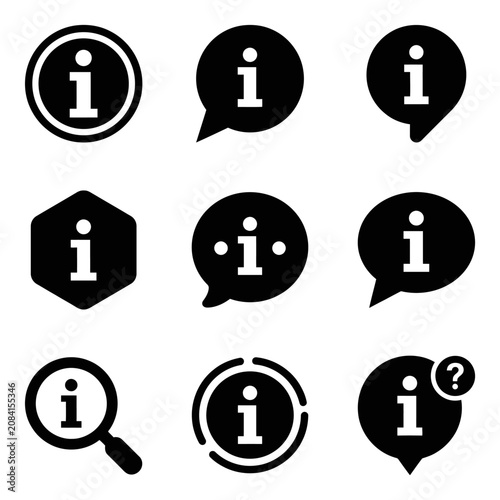 Nine different black information web icons on a white background