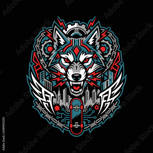 Dynamic wolf illustration featuring urban, tech and skateboard motifs