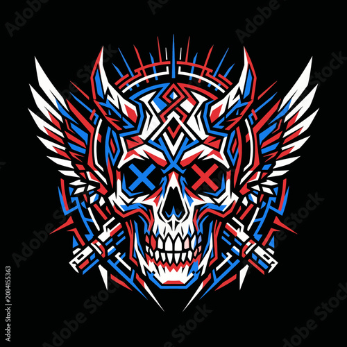 A vibrant, winged skull illustration with intricate patterns and bold colors