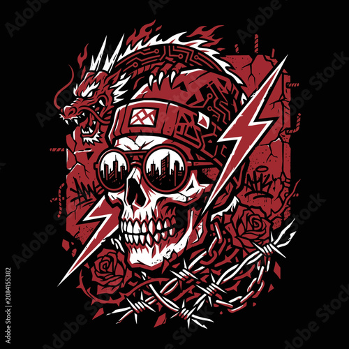 Urban skull illustration featuring a dragon, lightning and barbed wire