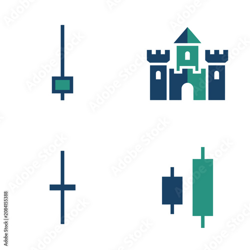 Financial trading icons showing candlestick charts and a castle