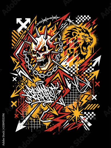 Vibrant street art graphic with a spiked skull and roaring lion