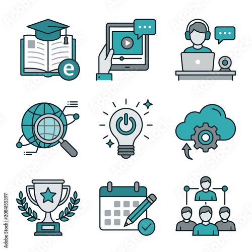 Modern flat icons representing online education and technology