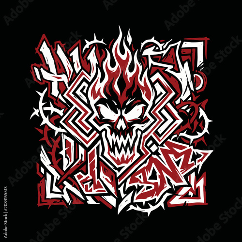 Aggressive flaming skull with thorny vines and abstract graffiti art