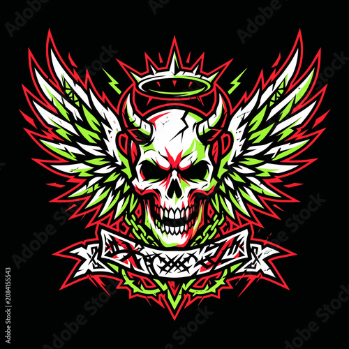 Vibrant skull illustration featuring wings, horns and a halo