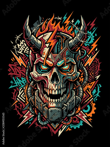 Vibrant horned skull with mechanical elements and abstract background