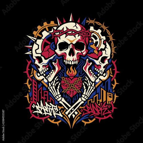 Vibrant illustration of skulls, gears and a flaming heart design