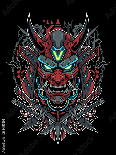 Futuristic horned warrior mask with glowing eyes and digital elements