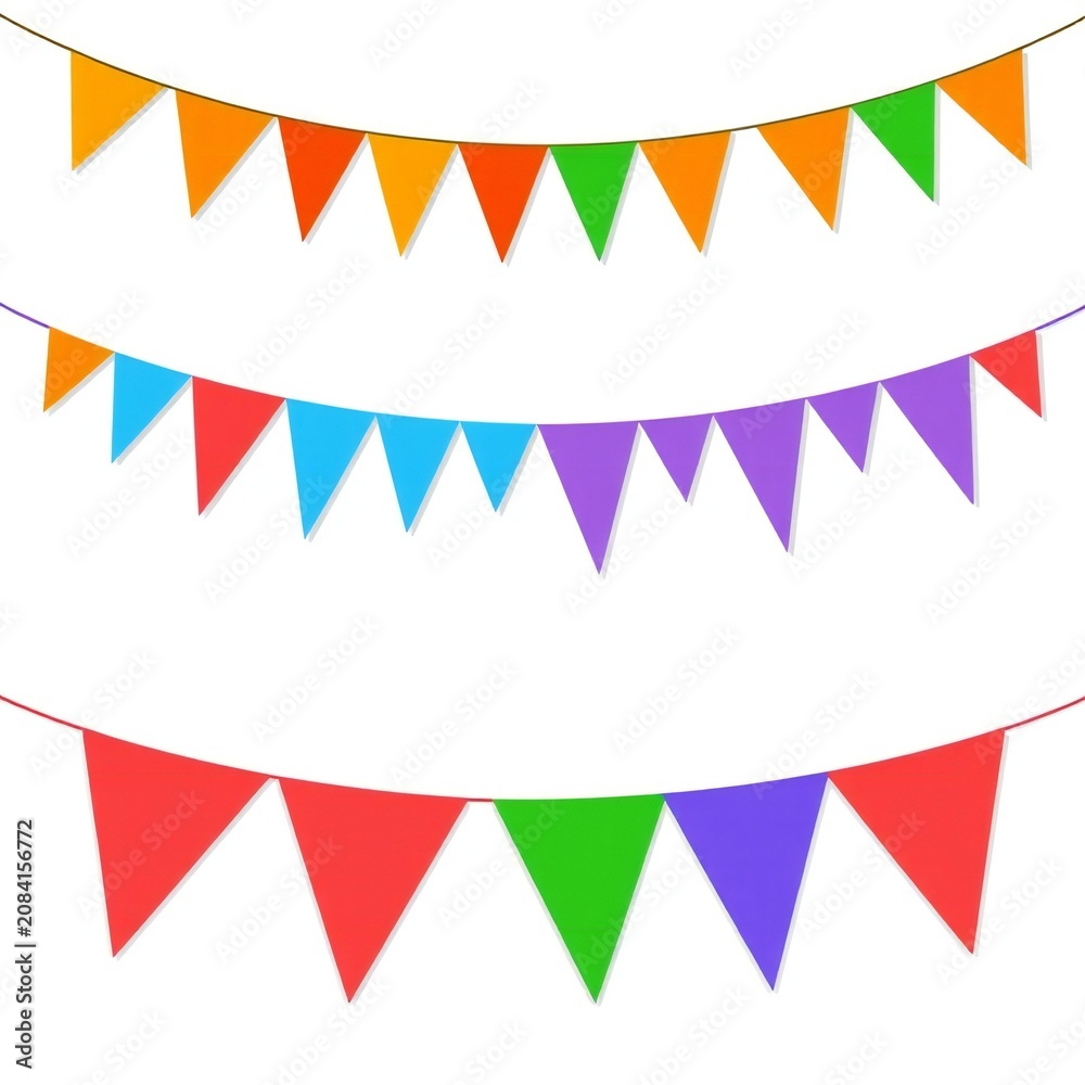 Fototapeta premium Colorful bunting flags hanging on strings for party decorations and festive celebrations