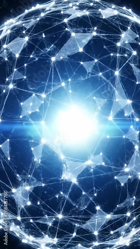 Glowing digital network sphere in dark space background.