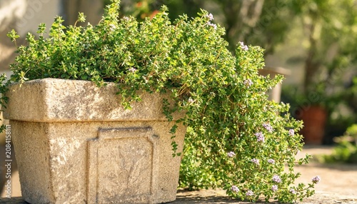 Fresh green thyme plant growing in a rustic concrete pot outdoors