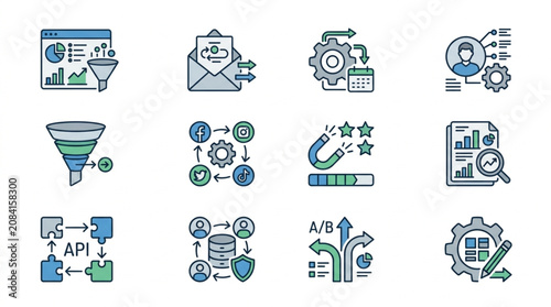 Set of business and marketing icons representing data analysis and strategy.