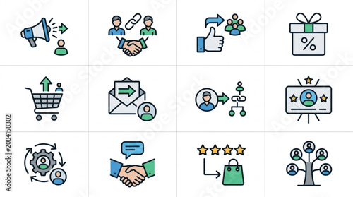 Set of marketing and business icons with a clean design.
