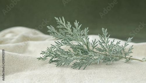 Sprig of fresh silver wormwood on a textured linen fabric background
