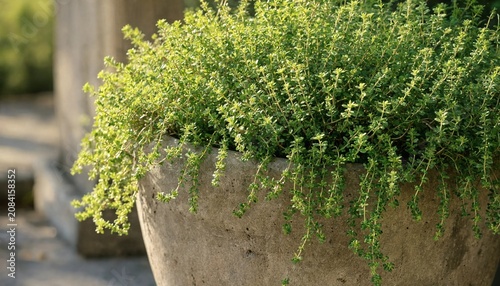 Fresh green thyme plant growing in a rustic concrete pot outdoors