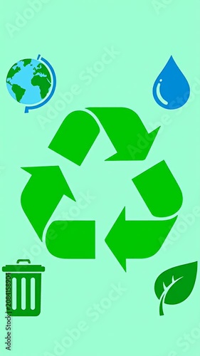 Green recycling symbol with ecological icon patterns.