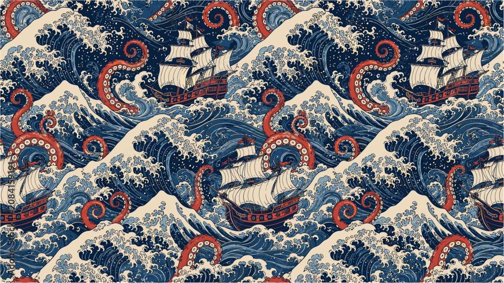 Obraz premium Sailboat graphic design illustrates a dramatic maritime scene with a ship battling a giant sea monster amidst massive ocean waves.